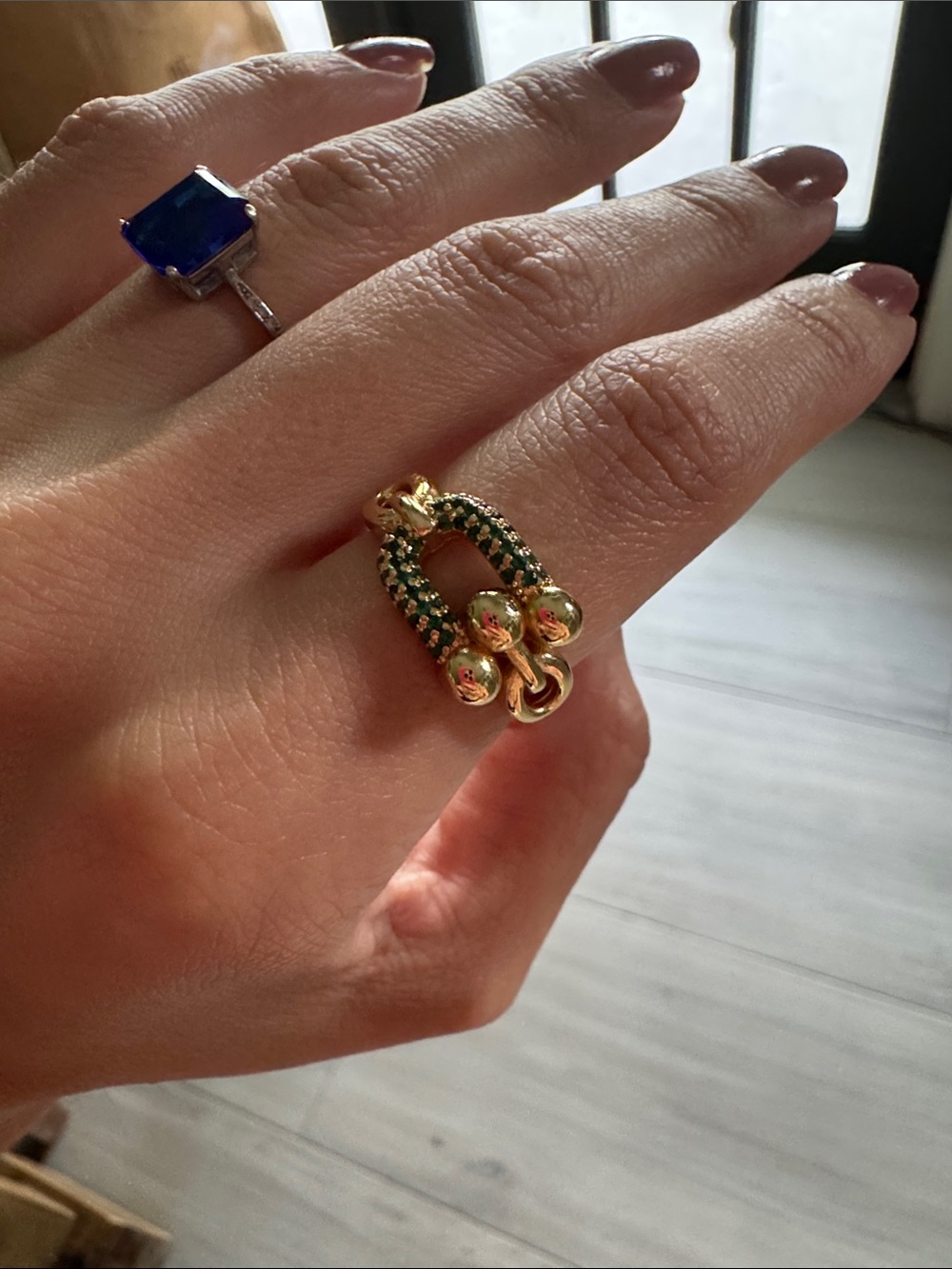 18K Gold plated Green Pavé Link Ring - Women’s Fashion Ring size 7